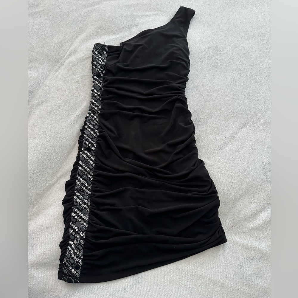 Black bodycon one shoulder sequin dress in size medium